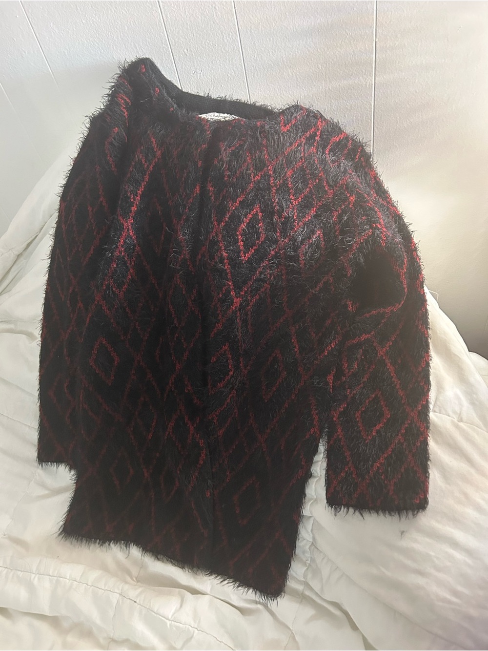 Pink Martini Black & Red Diamond Fuzzy Knit Cardigan - Women